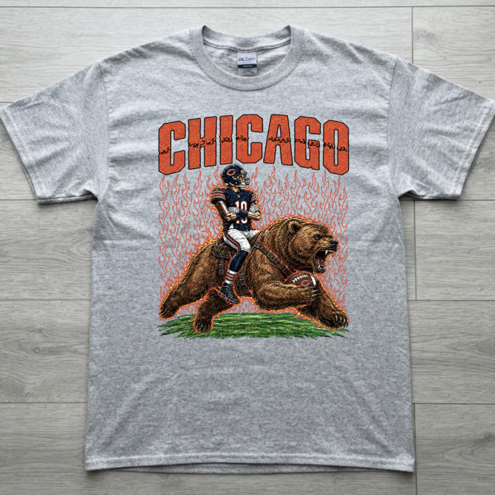 Chicago Football Player Riding Bear Flames Vintage Sport Grey T-Shirt
